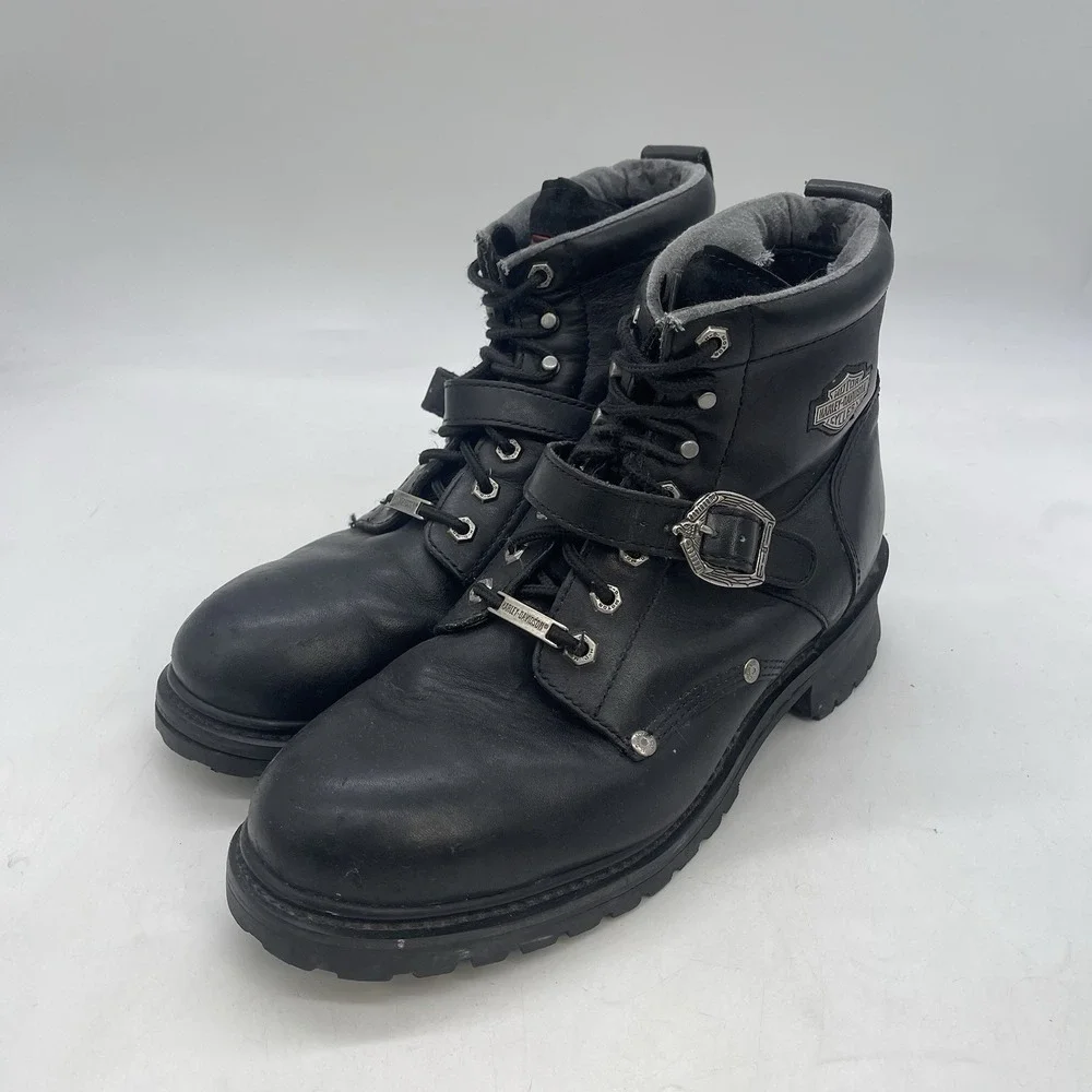 Harley Davidson Riding Boots Mens 12 Buckle Black Leather Lace Up Biker Grunge